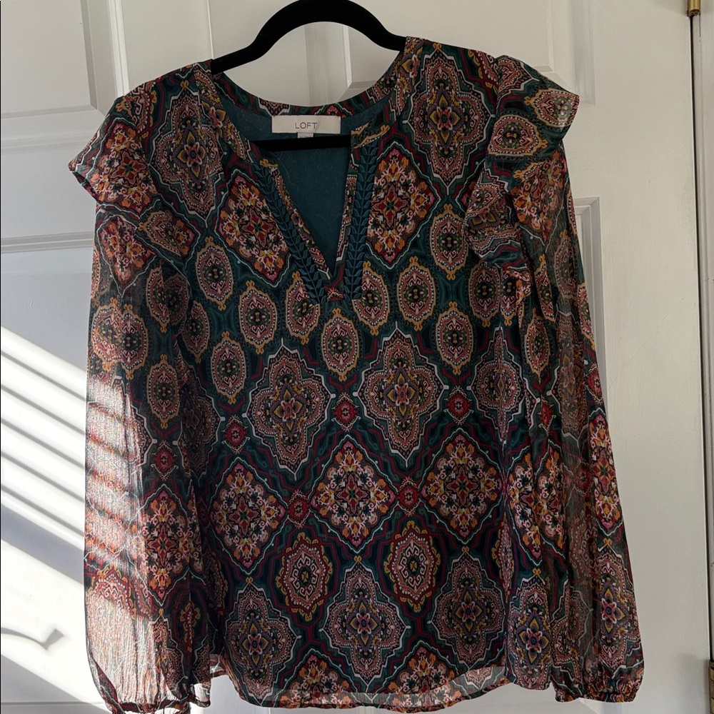 LOFT Multicolor Patterned Blouse with Ruffle Detail